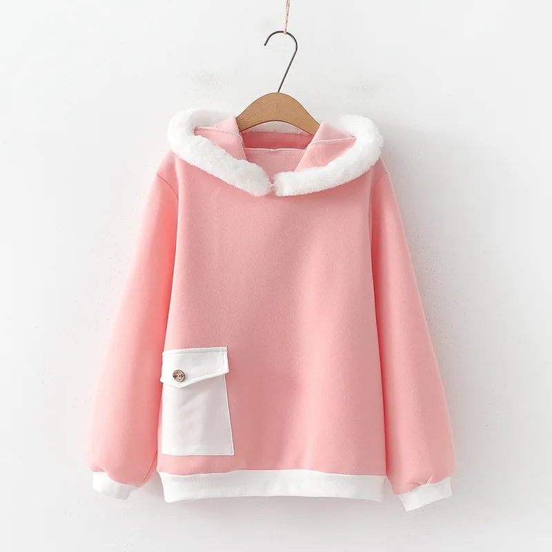 Розовый Merry Pretty женские розовые толстовки с капюшоном с кроличьими ушками из кусков зимние спортивные костюмы с длинными рукавами и карманами плюс бархатные спортивные костюмы с капюшоном - Цвет: Розовый