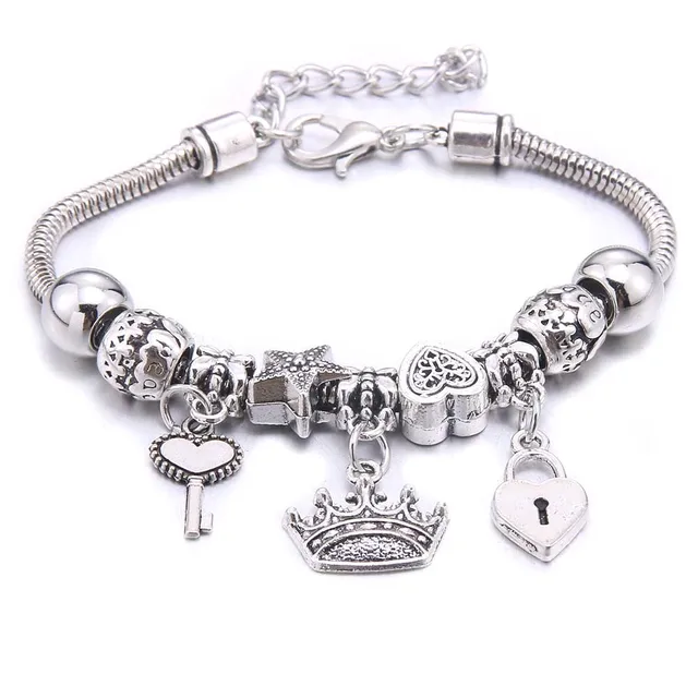 Antique Crown key lock Shape 6-colors crystal Charm Bracelets for Women Glass Beads Brand Bracelet & Bangle DIY Jewelry Gifts 8