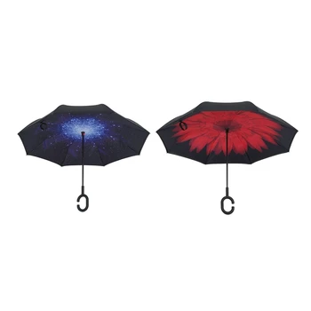 

2 Pcs Folding Reverse Umbrella Double Layer Inverted Windproof Rain Car Umbrellas for Women Starry Sky & Red Flower