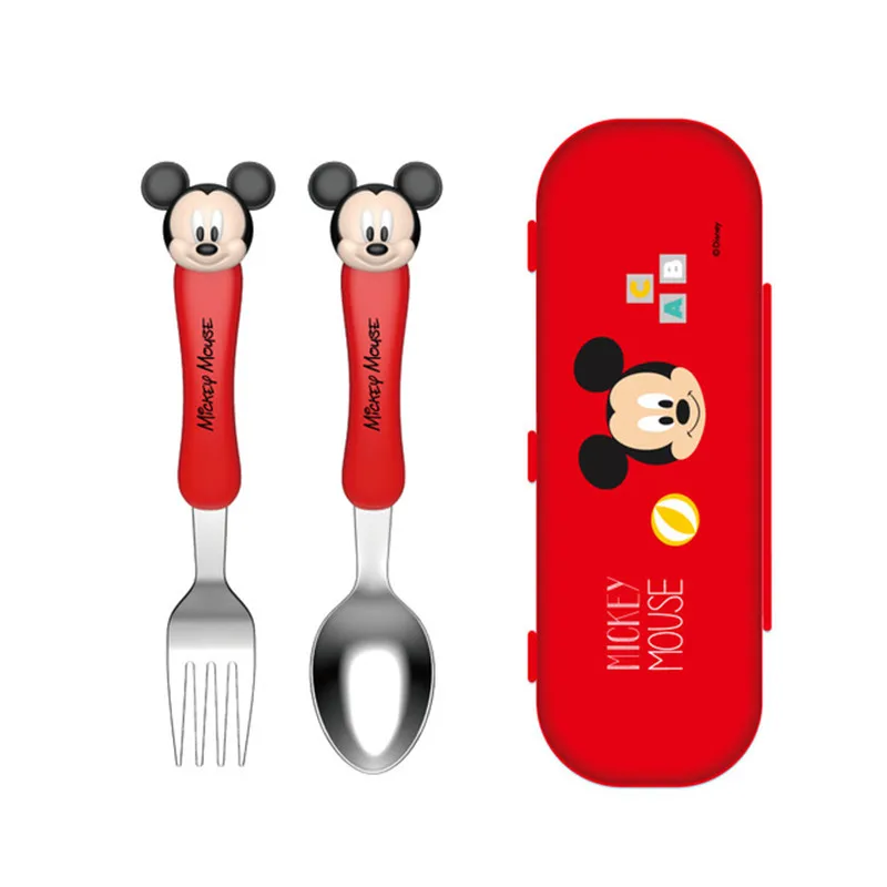 

Disney 1 set of new tableware children 3D plastic box Mickey doll children training tableware set 3-6 years old spoon fork