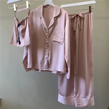 

3 Pieces Pajamas Set Spring Summer Retro Ladies Pajamas Suit Long-Sleeved Home Wear Simulation Silk Pajamas