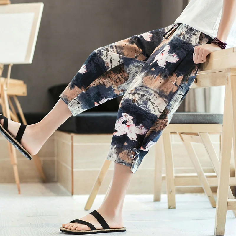 

2019 Summer New Style Cotton Pants Men's Chinese-style Large Size Flower Pants Frog Harem Pants Flax Casual Capri Pants