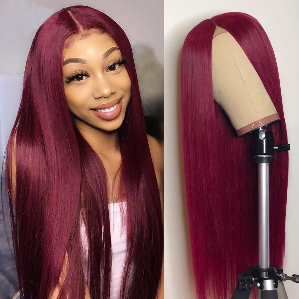 

13X6 Deep Part Red Straight Lace Front Human Hair Wig Peruvian Hair Remy Burgundy Wigs 150% Density Front Lace Wigs For Women
