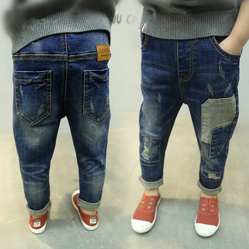 Kids Jeans for Boys Fashion Splice Denim Trousers Children Broken Hole Jeans Autumn Winter Casual Costume Wear Long Pants