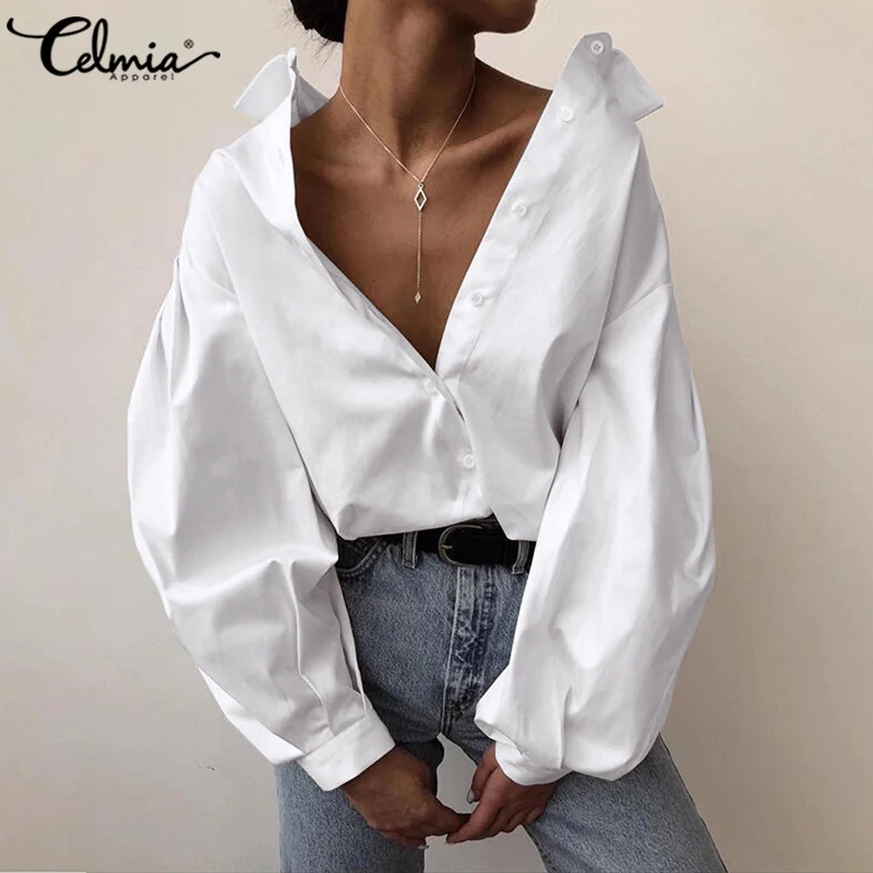 

Women Tops and Blouses 2020 Celmia Autumn Long Puff Sleeve Fashion Shirts Casual Loose Solid Buttons Office Ladies Blusas 5XL 7