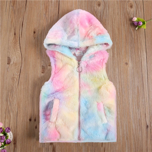 

Colorful Girl's Plush Vest Sleeveless Zipper Hooded Collar with Two Pockets for Winter and Late Autumn
