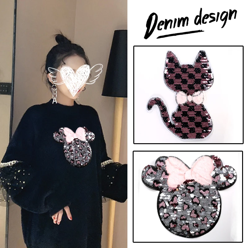

Cat Fashion Sequin Patches for Clothing Sew on Cloth Sticker Big Children Clothes Decoration Embroidered Applique Holes