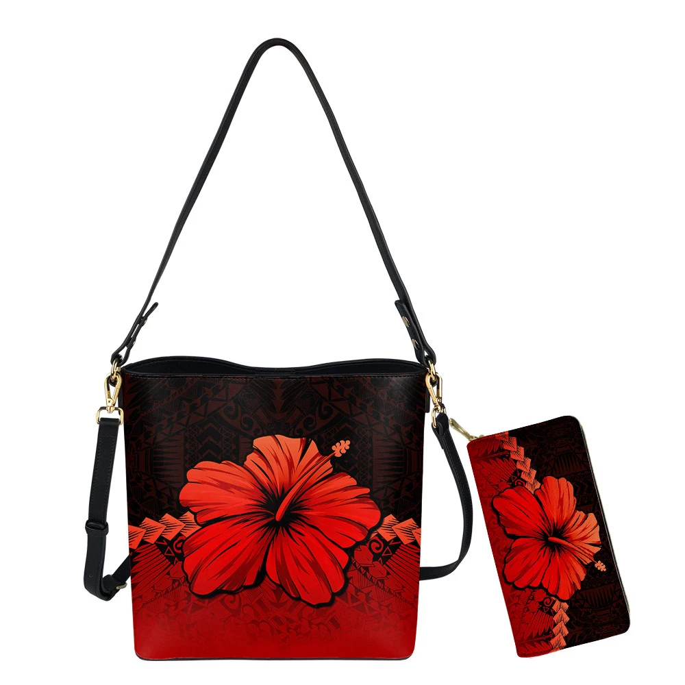 

Noisydesigns Vintage Pu Leather Shoulder Bags for Women Hawaii Polynesian Tribal Hibiscus Printing Totes Bucket Handbag