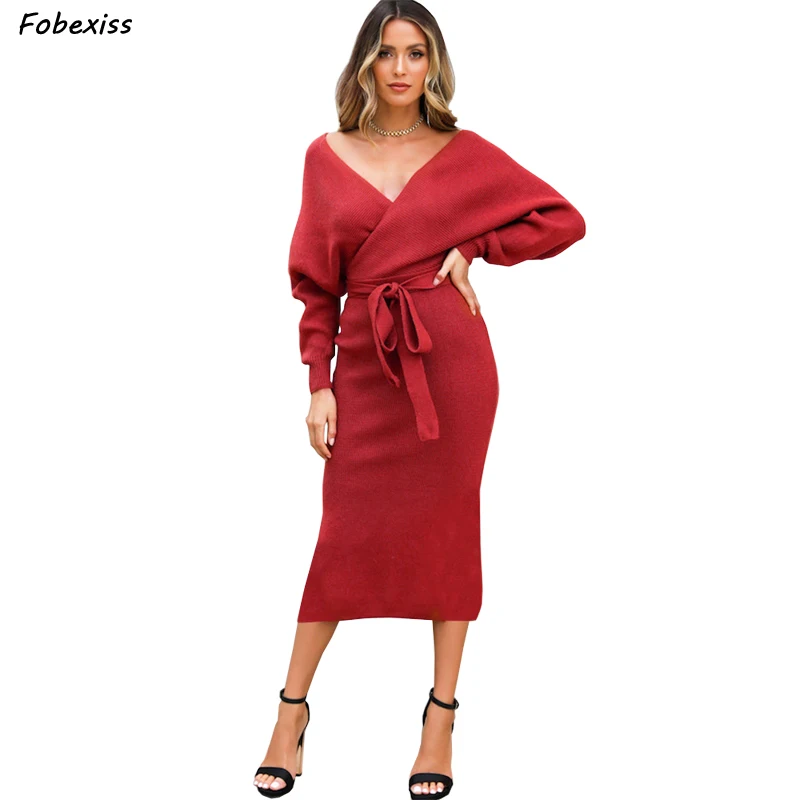 

2019 Fall Knitted Sweater Dress Women Sexy V Neck Long Sleeve Lace Up Sashes Bandage Bodycon Midi Dress Lady Elegant Red Dress