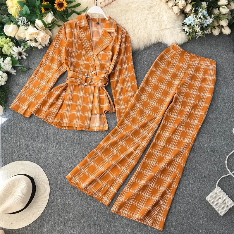 Neploe Temperament Office Work Style 2 Pcs Women Set Slim Waist Plaid Irregular Blazer+ High Waist Hip Horn Trousers Autumn47334