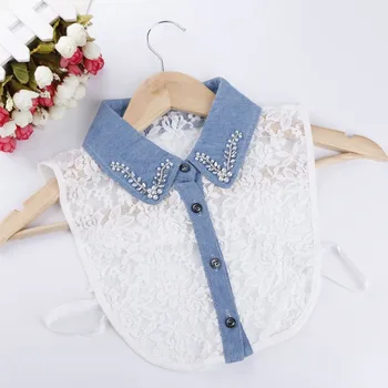 

Women Adult Rhinestone Lace Denim Fake Collar Shirt Simulation Crystal Lady Detachable Collars