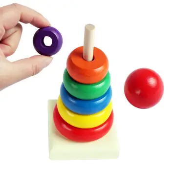 

Children Wood Jenga Toy Early Educational Seven-Color Ring Folding Tower Rainbow round Slings Column Wooden Stacking Tower Toy