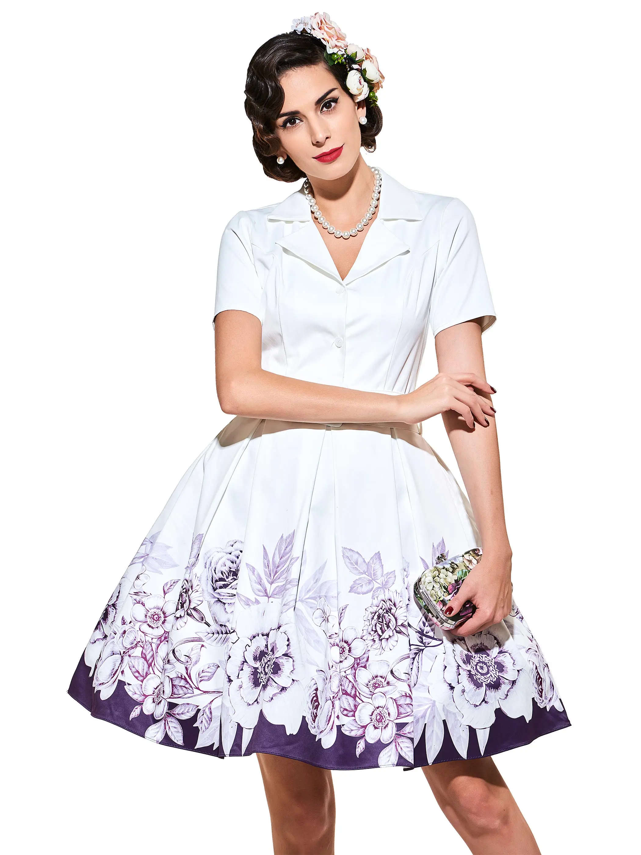 Sisjuly винтажное платье 1950 s стильное весеннее белое с цветочным принтом коротким