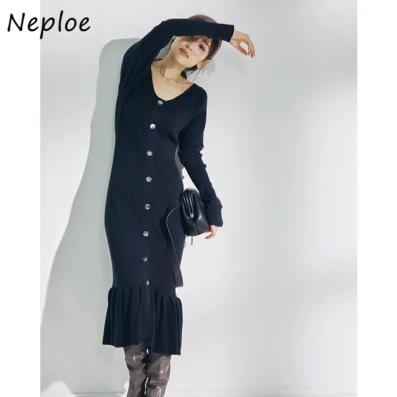 2021 New V-neck Chic Button Trumpet Dresses Autumn Fashion Elegant Temperament Vestidos Slim Fit High Waist Women Dress