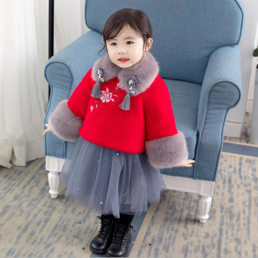Новогодний комплект одежды в китайском стиле для маленьких девочек; костюм для девочек; детское утепленное пальто с мехом; куртка с вышивкой; короткая юбка; костюм принцессы