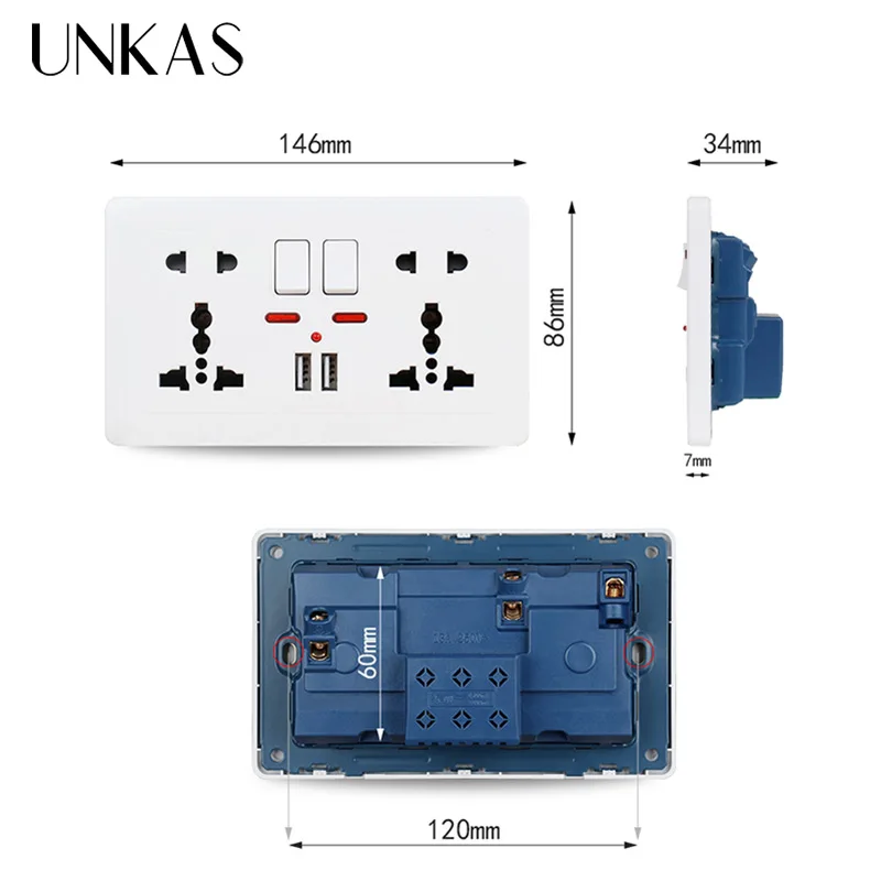 UNKAS 2.1A двойной usb-порт для зарядки светодиодный индикатор настенная розетка питания двойная универсальная 5 отверстий переключаемая розетка 146 мм* 86 мм