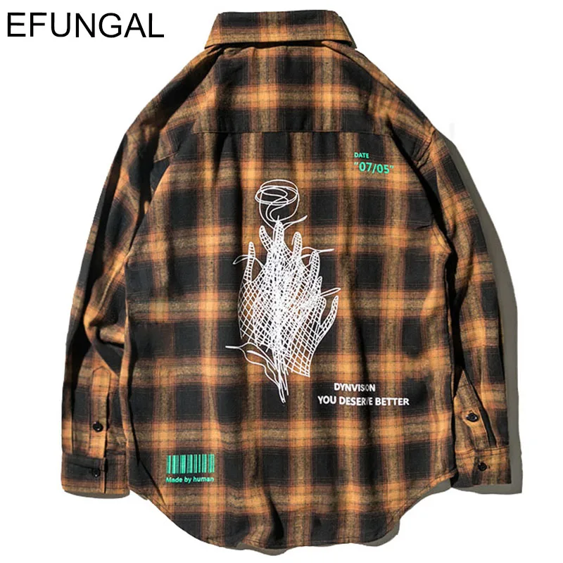 

EFUNGAL Palid Long Sleeve Shirts Men 2019 Autumn Winter Thick Streetwear Creative Pattern Print Vintage Shirt Casual Outwear