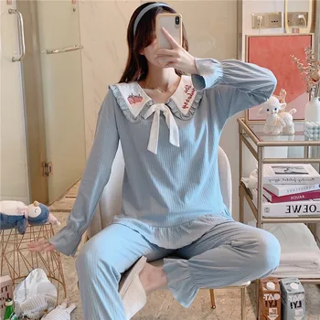 

Blue 2PCS Cotton Pajamas Suit Women Cute Bow Ruffles Top&Pant Nightwear Spring Autumn New Home Clothes Sweet Fruit Sleepwear