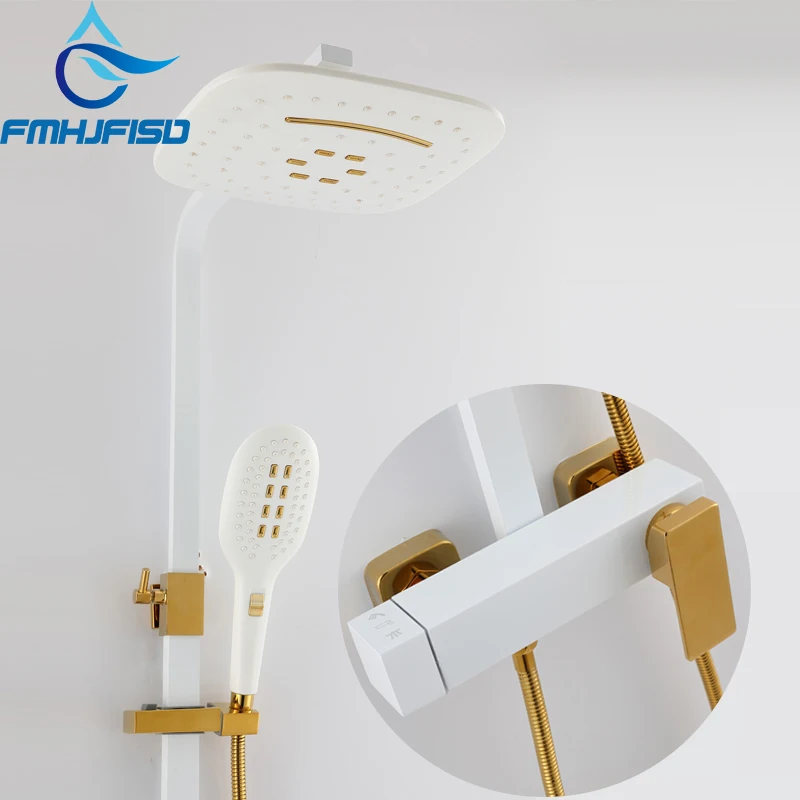 fmhjfisd White Gold Contemporary Bathroom Shower Faucets Set Rainfall Shower Head 3-Way Mixer Bath Faucet Out Door Shower Tap