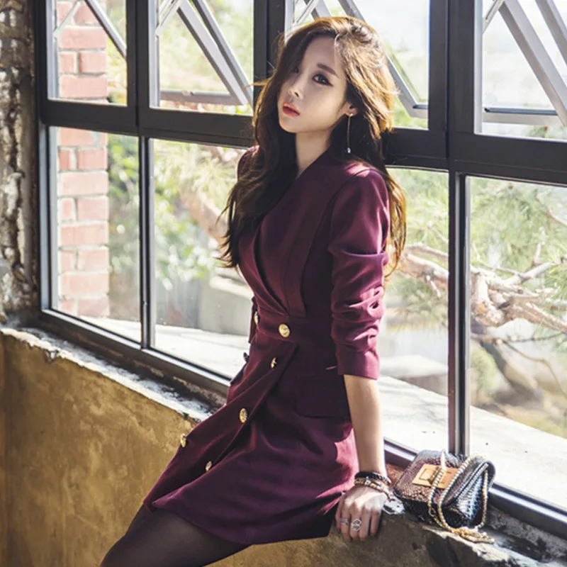 

2018 Dress Winter New Products Long Sleeve Korean-style Slim Fit Sheath Double Breasted One-step Skirt