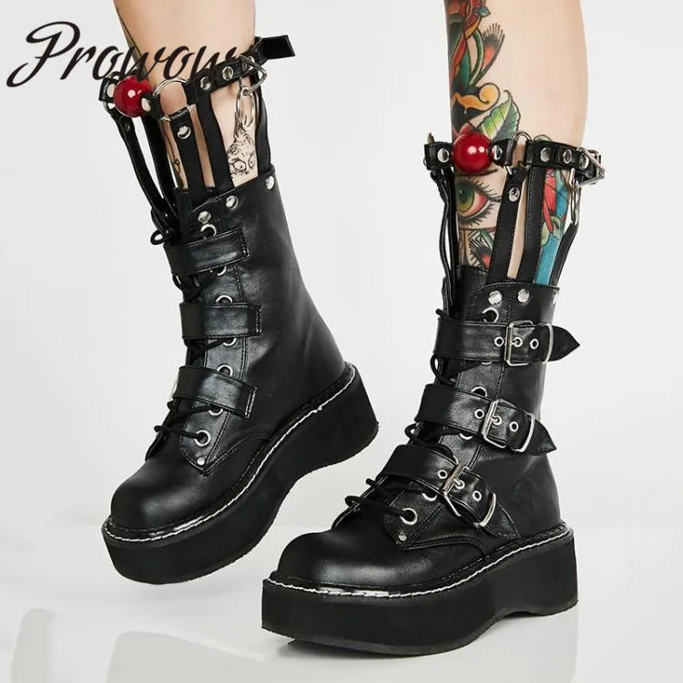 

Prowow Black New Genuine Leather Sexy Platform Ankle Boots Round Toe Cutout Cool Boots Shoes Women Autumn Punk Boots