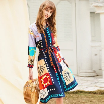 

High Quality 100% Heavy Silk Dress Women Print Sashes Long Sleeve Lightweight Fabric Casual Dress New Fashion Style