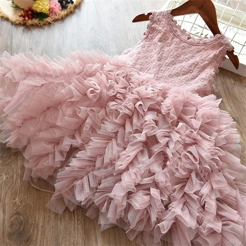 Летние Детские платья для девочек, пышное многослойное платье-пачка Элегантное свадебное платье принцессы Одежда для дня рождения для девочек от 3 до 8 лет - Цвет: Pink