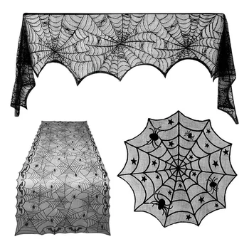

3 Pc Halloween Decorations Set,Spiderweb Spooky Bat Lace Tablecloth,Spiderweb Lace Table Cover and Fireplace Scarf Cover