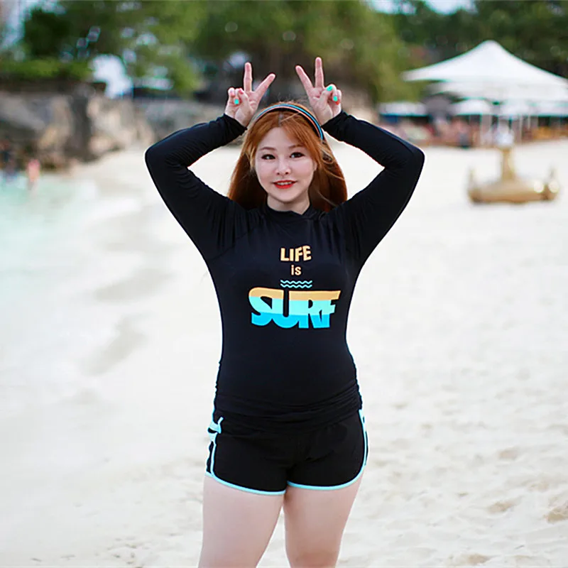 

2018 Black And White with Pattern 4 Pieces in a Set Bathing Suit Large Size Long Sleeve Belly Covering Slimming Outdoor Sports D