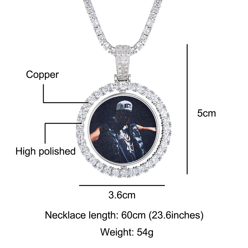 Round Rotating Double-sided Iced Out Bling Custom Made Photo Cubic Zircon Necklace&Pendant For Men Hip Hop Jewelry Tennis Chain