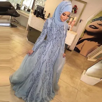 

Elegant Muslim Evening Dresses Mermaid Long Sleeves Tulle Beaded Islamic Dubai Saudi Arabia Long Evening Gown Prom Dress