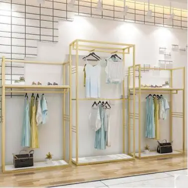 

Clothing store display stand floor-standing women's clothing store gold shelf hanging clothes display shelf double high cabinet
