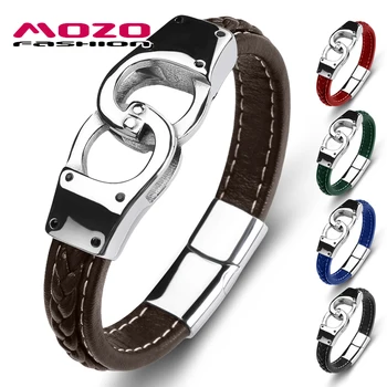 

Fashion Men's Handcuffs Bracelet Genuine Leather Stainless Steel Charm Bangles Women's High Quality Jewelry Brown