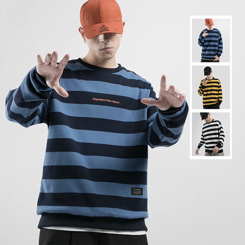 

2019 Autumn Men's Stripe Printing Clothes Male Round Neck Coats Long Sleeve Loose Cotton Pullover Hoodies Casual Sweatshirts