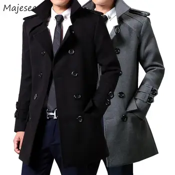 

Wool Men Winter Long Coat Plus Size 3XL Gray Double Breasted Big Pockets All-match Simple Classic Mens Overcoat High Quality HOT