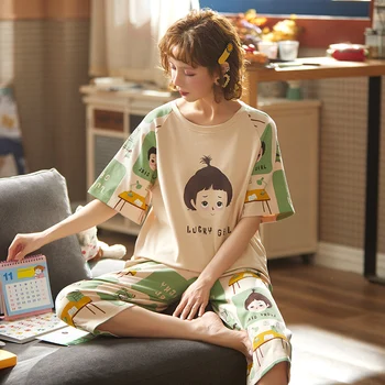 

Cotton Casual Women Pajama Sets Summer Cartoon Night Set Half Sleeves Sleepwear Home Suits Nightwear For Women Kawaii Pajamas