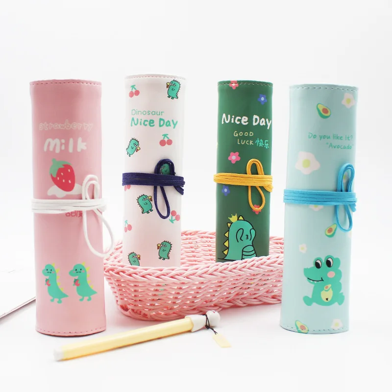 

PU Leather Roll Up Wrap Pencil Case Pouch Korea Creative Dinosaur Simple Pencil Curtain Kids Stationery Bag 21x26cm,1 Piece