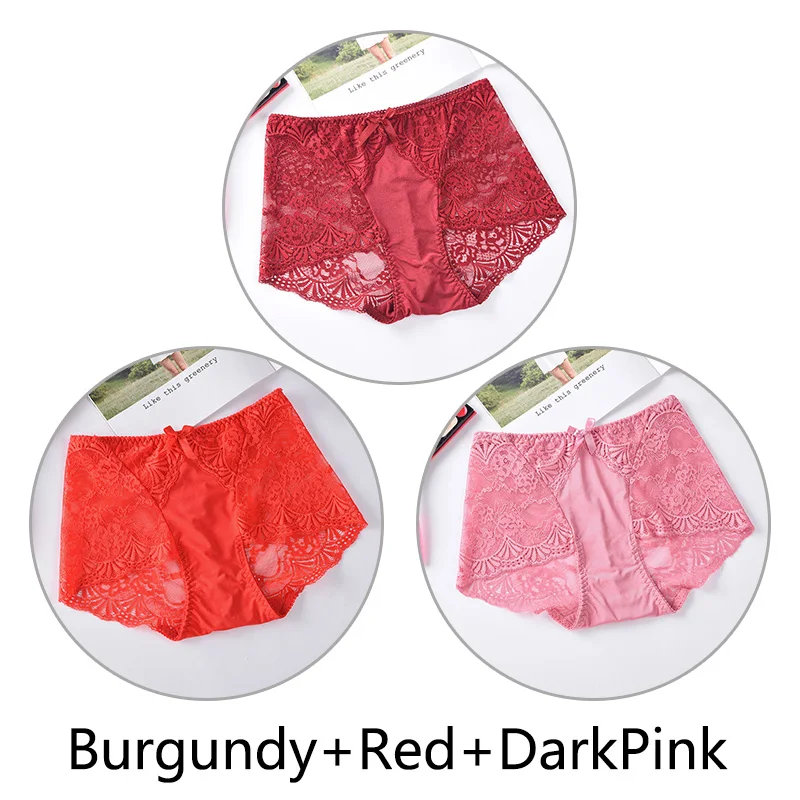 Burgundy Red D-Pink 3 шт., Трусики с высокой талией, женское нижнее белье, кружевная вышивка, прозрачные бесшовные пикантные трусики, полые, дышащие, размера плюс, нижнее белье - Цвет: Burgundy Red D-Pink