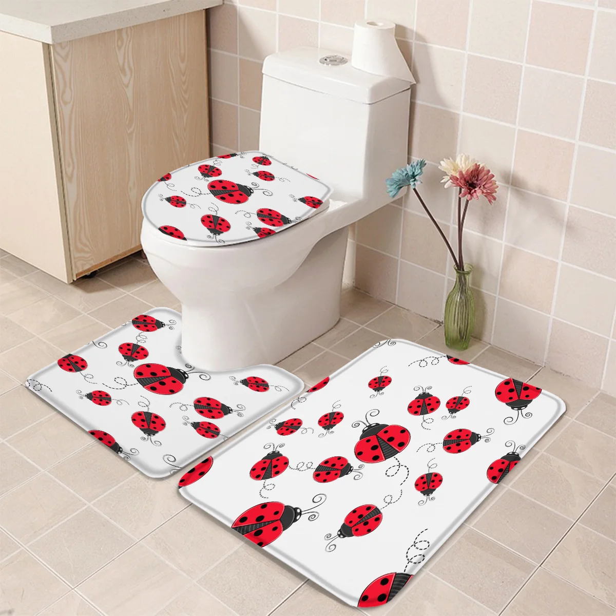 3 Pieces Bathroom Set Red Ladybug Bath Set Toilet Cover Mat Pedestal Rug Non-Slip Bathroom Rug Set