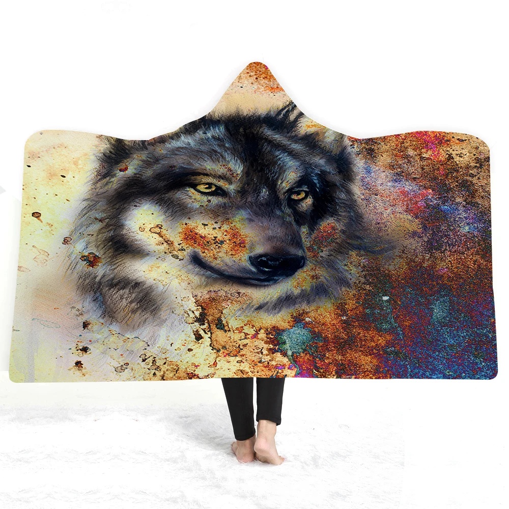 

Wolves Hooded Blanket Adults Popular Watercolor Tempera Wolf And Fox Hooded Blanket Fleece Throw Blanket Dropshipping