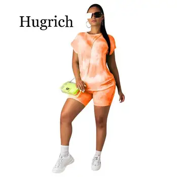 

2020 Tie Dye Tracksuit Women 2 Piece Outfits Festival Clothing Short Sleeve Top and Biker Shorts Sweat Suit Two Piece Set