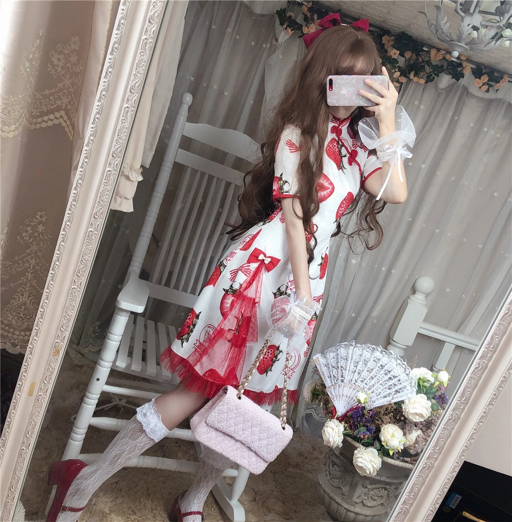 若い女の子のためのゴシックロリータの夏のドレス 柔らかいイチゴのプリント かわいいチュニック レース 蝶ネクタイ カエル カワイイ Aliexpress Novelty Special Use