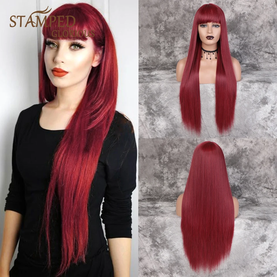 

Stamped Glorious 30inches Straight Long Wig Red Wig With Bangs Heat Resistant Fiber Synthetic Wigs for Black Women