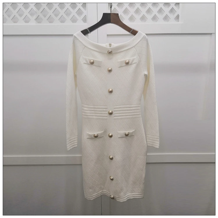 10,22 шерсть+ Tencel Модное Новое платье с вырезом лодочкой, украшенное пуговицами Аргайл, тонкое однотонное платье с длинным рукавом, облегающее вязанное платье