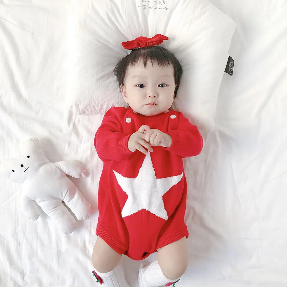 Outfit Jumpsuit Printed Romper Korean Version Of Loose Pentagonal Star Long Sleeve Boys Yellow Newborn Onesie Jumpsuits