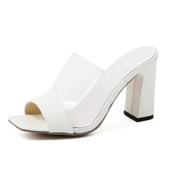 

2020 Summer Luxury Women Thick 9.5cm High Heels White Slides Mules Ladies Peep Toe Block Heels Slipper Sandals Designer Shoes