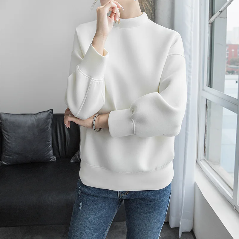 

Autumn New Women's Hoodie Sweatshirts Minimalist Air Layer Round Neck Solid Color Long-Sleeved Thickened Drop-Shoulder Slimming
