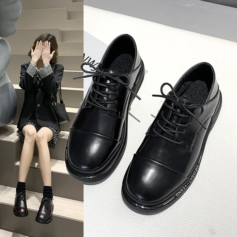 

Flat Black Shoes For Women Female Footwear Casual Sneaker All-Match British Style Round Toe Oxfords Women's Shallow Mouth Modis