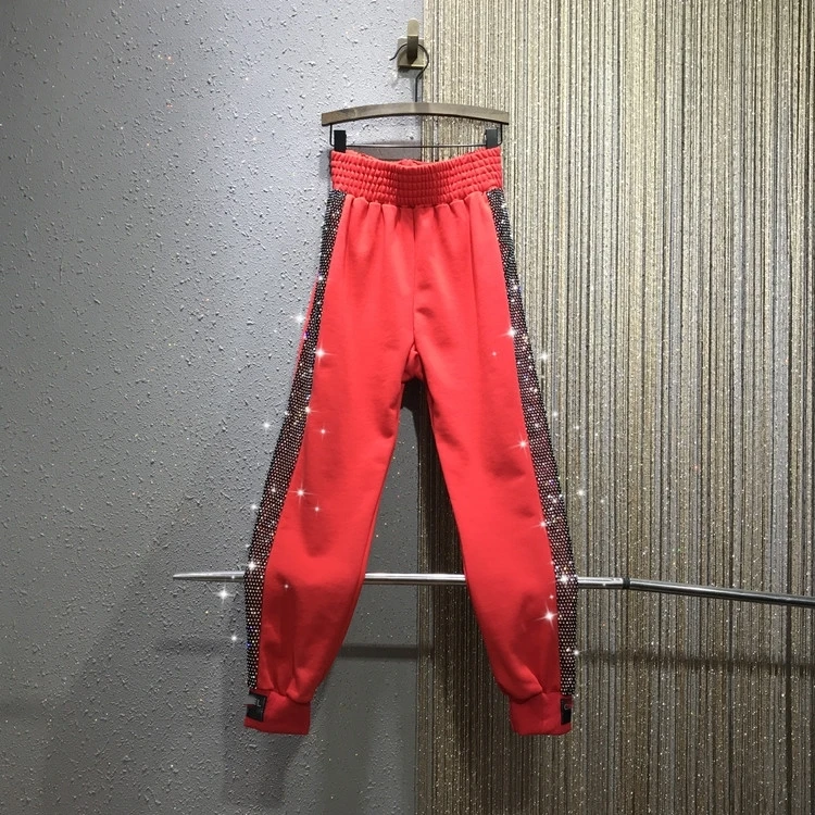 

Rhinestone Pants Women's Plus Thick Velvet Spring and Winter New European Goods Elastic-Waist Loose Harem Side Stripe Pants