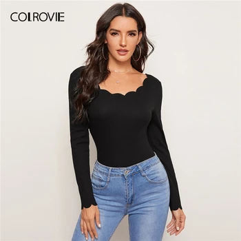 

COLROVIE Black Scallop Edge Rib-Knit Tee Women Scoop Neck Long Sleeve Tshirt Autumn Solid Slim Fit Elegant Tops